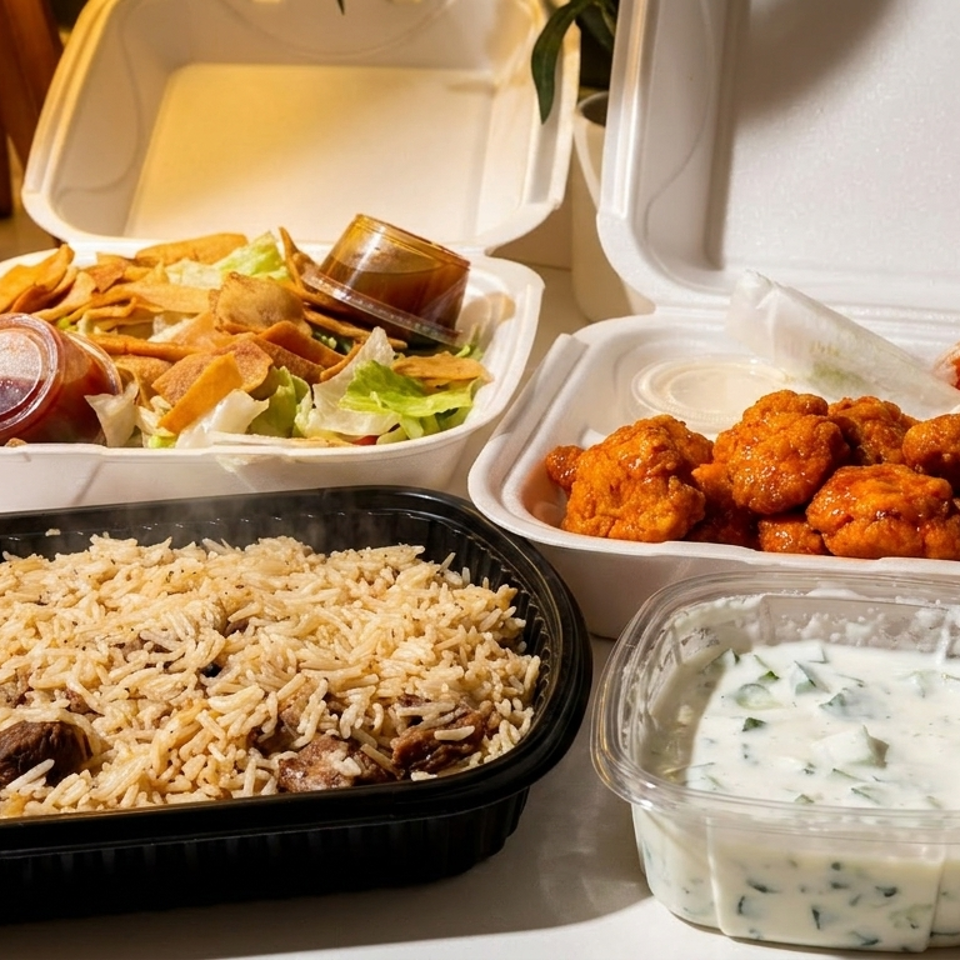 Takeout meal spread featuring spiced rice with meat, fried chicken, salad with chips, sauces, and creamy cucumber yogurt.