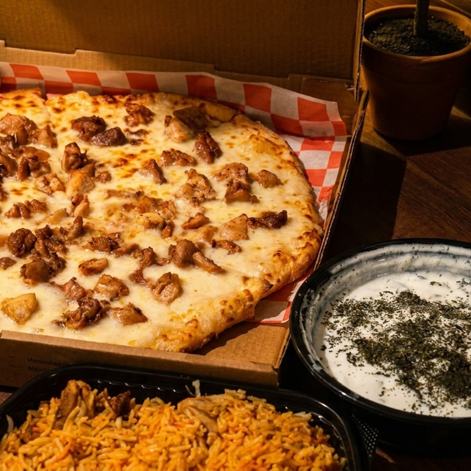 Cheesy flatbread topped with browned meat, accompanied by spiced rice, herb-speckled yogurt dip, olives, and warm restaurant tableware.