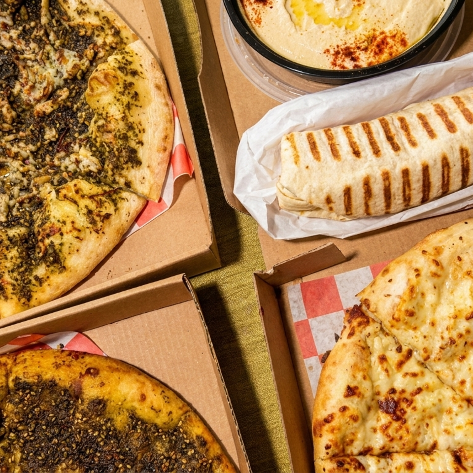Assorted Middle Eastern flatbreads, grilled wrap, and hummus arranged in open cardboard takeaway boxes.