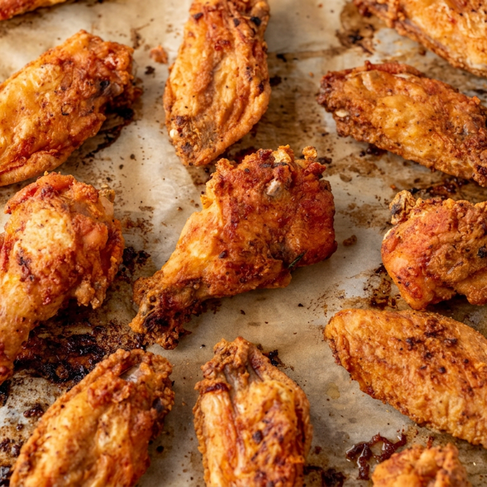 Crispy golden fried chicken wings arranged on a parchment-lined baking tray.