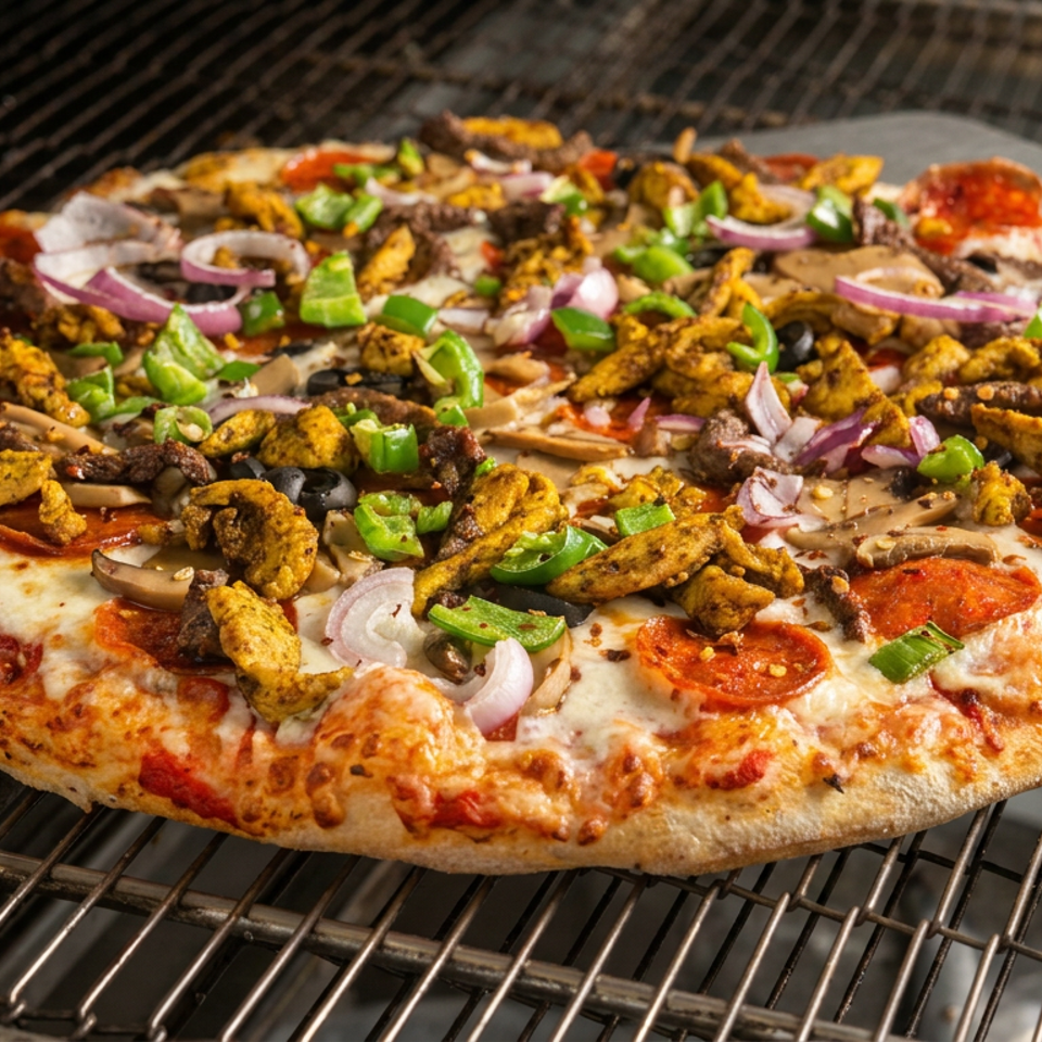 Loaded pizza with cheese, pepperoni, seasoned chicken, mushrooms, peppers, onions, and olives grilling on a rack.